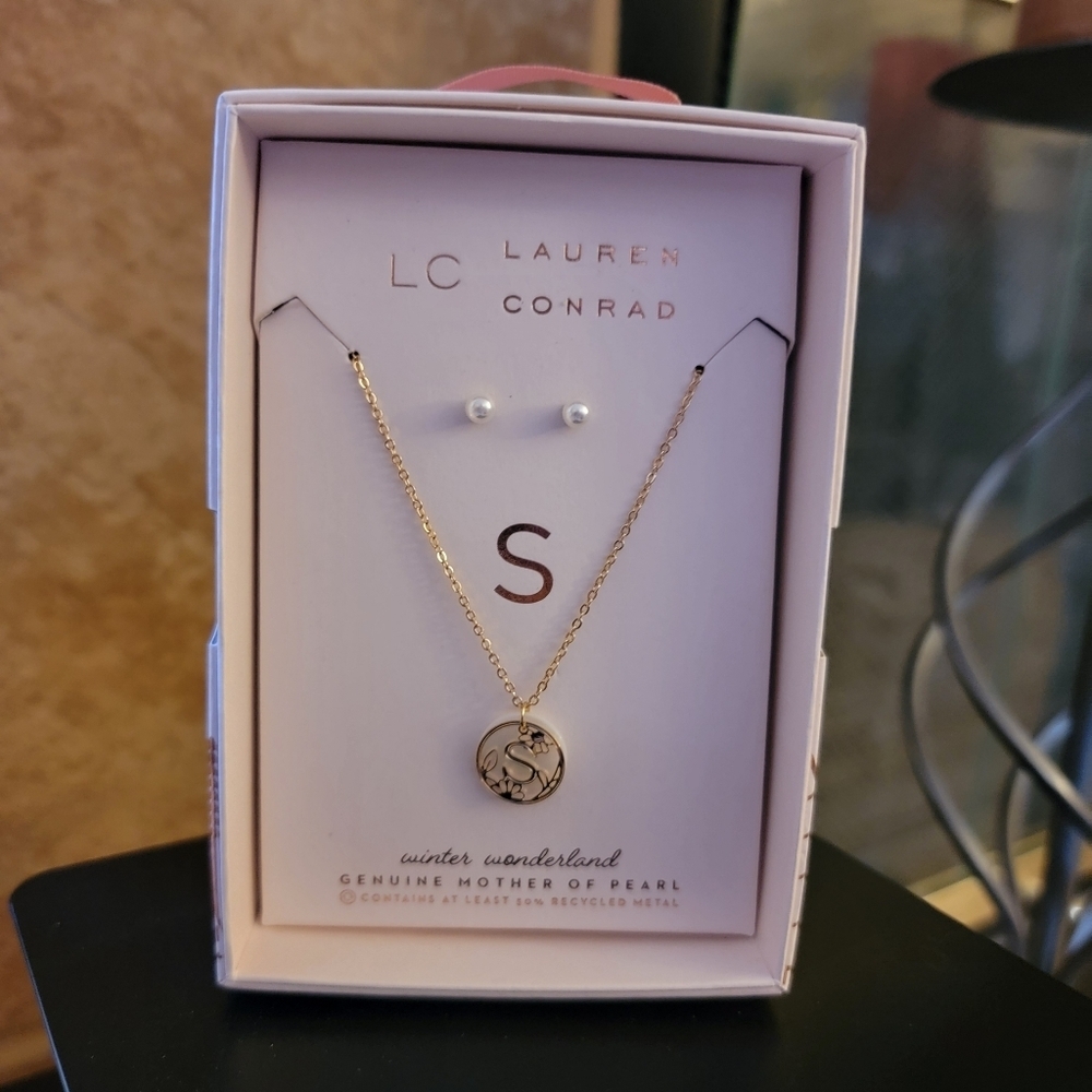 LC Lauren Conrad Necklace Set Winter Wonderland Letter S Mother of Pearl